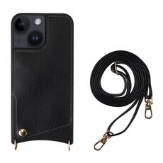 Per iPhone 14 Fish Tail Card Slot PU + Custodia per telefono in TPU con cordino lungo (nero)
