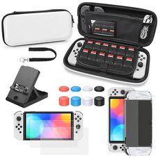 Consolle di gioco Console di cristallo Shell Remote Sensing Cap Stoccaggio del film Temperato Set per Switch Oled Console Borsa da stoccaggio bianco 14 in 1 (corda a mano)