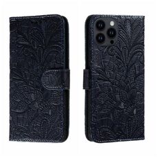 Custodia per cellulare in pelle con vibrazione in rilievo con fiori in pizzo per iPhone 15 Pro (blu scuro)