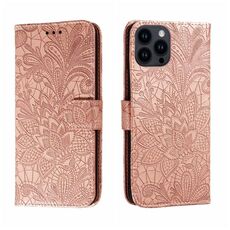 Custodia per telefono in pelle con vibrazione in rilievo con fiori in pizzo per iPhone 15 Pro Max (oro rosa)