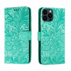 Custodia per cellulare in pelle con vibrazione in rilievo con fiori in pizzo per iPhone 15 Pro Max (verde)