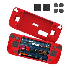JYS JYS-SD011 Per Steam Deck 7 pz/set Custodia in silicone host con cappuccio joystick + set di adesivi touch board (rosso)
