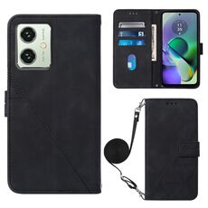 Per Motorola Moto G54 Custodia a tracolla in pelle con vibrazione 3D in rilievo (Nera)