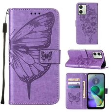 Custodia per cellulare in pelle con farfalla goffrata per Motorola Moto G54 (viola)