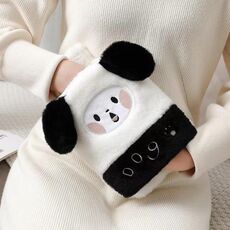 Borsa per acqua calda da 1 litro, scaldamani in peluche a due mani, stile: cucciolo in bianco e nero