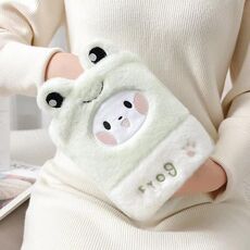 Borsa per acqua calda da 1 litro, scaldamani in peluche a due mani, stile: rana verde frutta