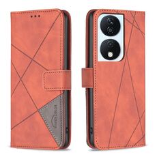 Custodia per telefono in pelle con trama romboidale con fibbia magnetica per Honor X7b (marrone)