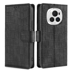 Custodia per telefono in pelle con chiusura magnetica in coccodrillo per Honor Magic6 Pro 5G (nero)