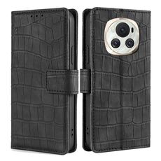 Custodia per telefono in pelle con chiusura magnetica in coccodrillo per Honor Magic6 5G (nero)