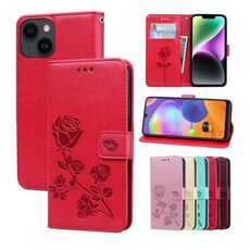 Custodia per cellulare in pelle PU con stampa rosa in rilievo per iPhone 15 Plus (rossa)