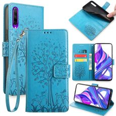 Custodia per telefono in pelle goffrata albero e cervo per Honor 9X (blu)