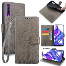 Custodia per telefono in pelle goffrata albero e cervo per Honor 9X (grigio)