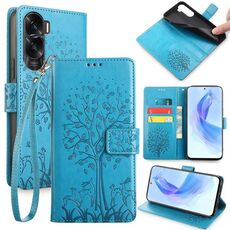 Custodia per telefono in pelle goffrata albero e cervo per Honor X50i 5G (blu)