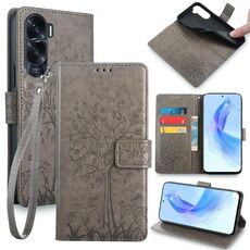Custodia per telefono in pelle goffrata albero e cervo per Honor X50i 5G (grigio)