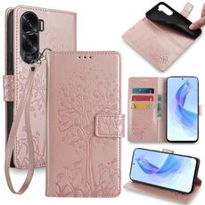 Custodia per telefono in pelle goffrata albero e cervo per Honor X50i 5G (oro rosa)