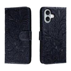 Custodia per cellulare in pelle con vibrazione in rilievo con fiori in pizzo per iPhone 16 (blu scuro)