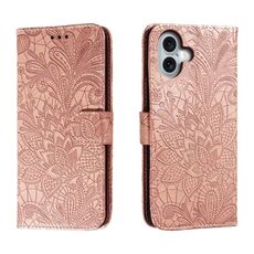 Custodia per telefono in pelle con vibrazione in rilievo con fiori in pizzo per iPhone 16 Plus (oro rosa)