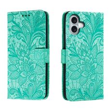 Custodia per telefono in pelle con vibrazione in rilievo con fiori in pizzo per iPhone 16 Plus (verde)