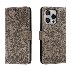 Per iPhone 16 Pro Custodia per telefono in pelle con vibrazione in rilievo con fiori in pizzo (grigio)