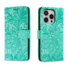 Custodia per cellulare in pelle con vibrazione in rilievo con fiori in pizzo per iPhone 16 Pro (verde)