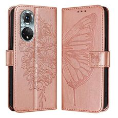 Custodia per telefono in pelle con farfalla goffrata per Honor 50 Pro / Huawei Nova 9 Pro (oro rosa)