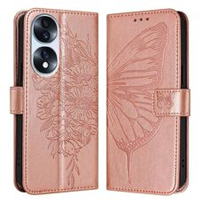 Custodia per telefono in pelle farfalla goffrata per Honor 70 (oro rosa)