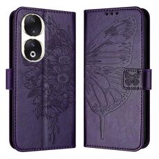 Custodia per telefono in pelle con farfalla goffrata per Honor 90 (viola scuro)