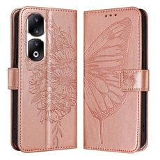 Custodia per telefono in pelle farfalla goffrata per Honor 90 Pro (oro rosa)