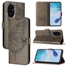 Custodia in pelle con motivo a farfalla in rilievo per Honor 200 Pro (grigio)