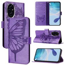 Custodia in pelle con motivo a farfalla in rilievo per Honor 200 Pro (viola)
