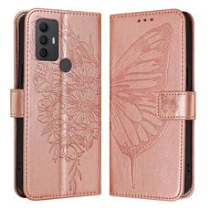 Per TCL 305/306/30 SE AL02 Custodia per telefono in pelle con farfalla in rilievo (oro rosa)