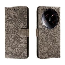 Custodia per cellulare in pelle con vibrazione in rilievo con fiori Ultra Lace per Xiaomi 14 (grigio)