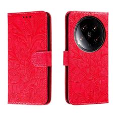 Custodia per cellulare in pelle con vibrazione in rilievo con fiori Ultra Lace per Xiaomi 14 (rossa)