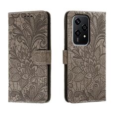 Custodia per cellulare in pelle con vibrazione in rilievo globale con fiori in pizzo per Honor 200 Lite (grigio)