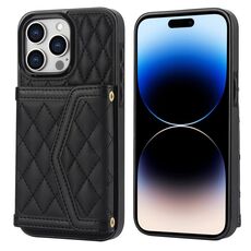 Per iPhone 14 Pro, custodia per telefono con trama rombica e cordino lungo (nero)