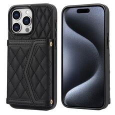 Per iPhone 15 Pro Custodia per telefono con trama rombica e cordino lungo (nero)