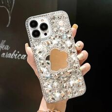 Per iPhone 15 Pro Custodia per telefono per PC con strass bling fatta a mano a specchio (fiore grigio argento)