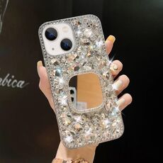 Per iPhone 15 Plus Custodia per telefono con strass bling fatta a mano a specchio per PC (quadrato grigio argento)