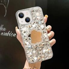 Per iPhone 14 Custodia per PC con strass bling fatta a mano a specchio (fiore grigio argento)