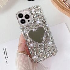 Per iPhone 14 Pro Custodia per telefono per PC con strass bling fatta a mano a specchio (Amore grigio argento)
