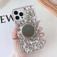 Per iPhone 13 Pro Custodia per telefono con strass bling fatta a mano a specchio per PC (tonda grigio argento)