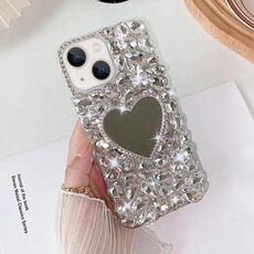 Per iPhone 13 Custodia per telefono con strass bling fatta a mano a specchio per PC (Amore grigio argento)