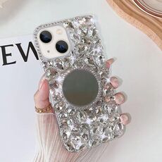 Per iPhone 13 Custodia per PC con strass bling fatta a mano a specchio (tonda grigio argento)