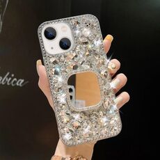 Per iPhone 13 mini Custodia per telefono con strass bling fatta a mano a specchio per PC (quadrato grigio argento)