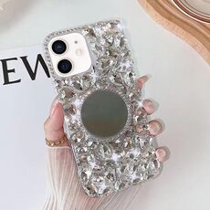 Per iPhone 12 Custodia per telefono con strass bling fatta a mano a specchio per PC (tonda grigio argento)