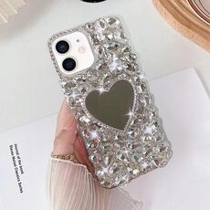 Per iPhone 12 mini Custodia per telefono con strass bling fatta a mano per PC (argento grigio amore)