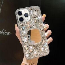 Per iPhone 11 Pro Max Custodia per telefono con strass bling fatta a mano a specchio per PC (quadrato grigio argento)