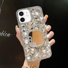 Per iPhone 11 Custodia per PC con strass bling fatta a mano a specchio (quadrato grigio argento)