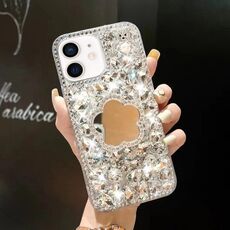 Per iPhone 11 Custodia per telefono con strass bling fatta a mano a specchio per PC (fiore grigio argento)