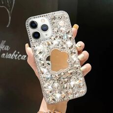 Per iPhone 11 Pro Custodia per telefono PC con strass scintillanti fatti a mano e specchio (fiore grigio argento)